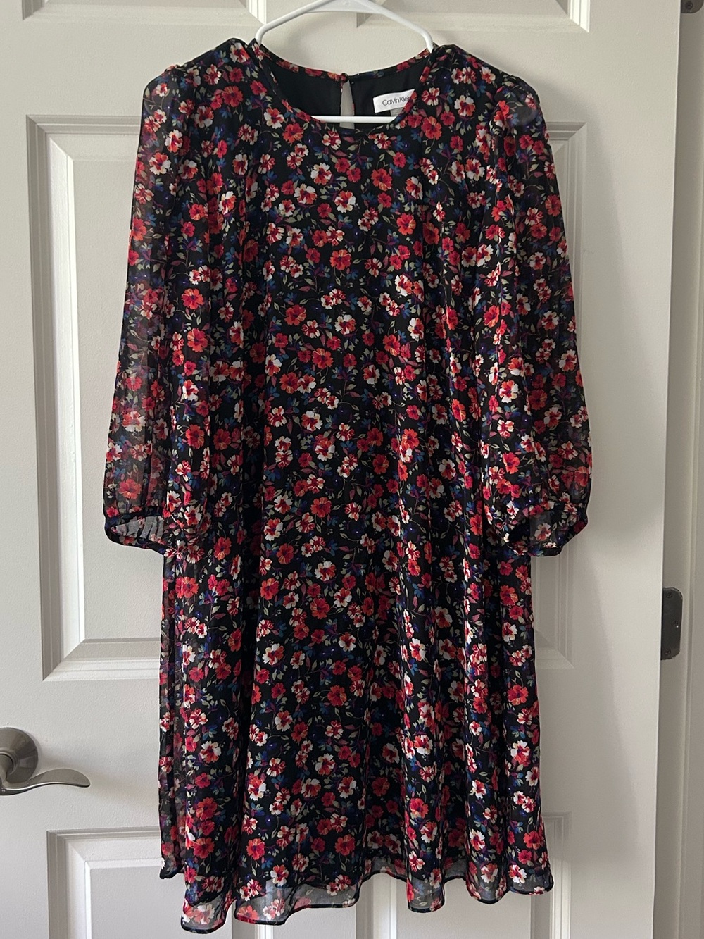 Calvin Klein Black Floral Chiffon Shift Dress with Red & Blue Blooms Size 8